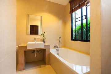 Fototapeta na wymiar Luxury bathroom features basin, toilet bowl and bathtub