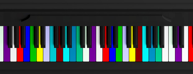 Colorful piano keyboard, top view, banner. 3d illustration