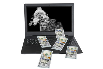 Currency, Computer, Electronic Banking. On isolated white background.