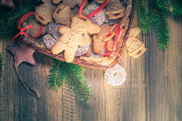 Christmas basket full dumplings Sweet cookies wooden table space text © Yotka