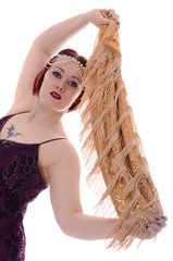 1920s dancing Flapper girl in gold dress, Show girl dancer