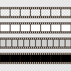 Film strip set. Collection of film for the camera. Cinema frame. Vector template on transparent background