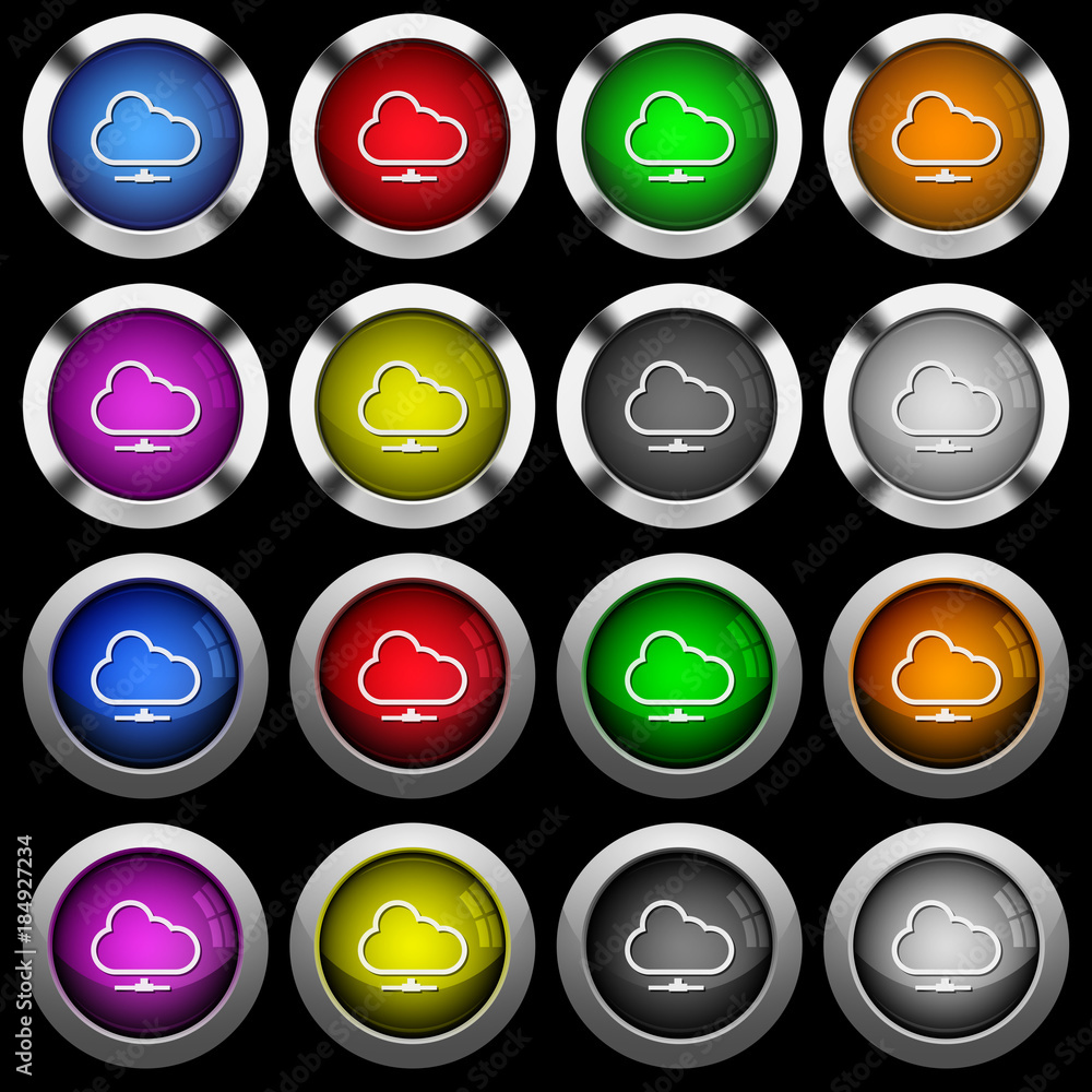 Poster cloud network white icons in round glossy buttons on black background