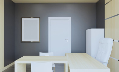 Front view of an office interior with a row of dark wood tables. 3D rendering.