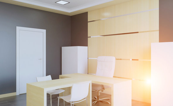 Open space office interior with like conference room. Mockup. 3D rendering. Sunset