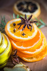 Fototapeta na wymiar Citrus spices Lemon orange cloves cinnamon ginger Ingredients medicinal tea