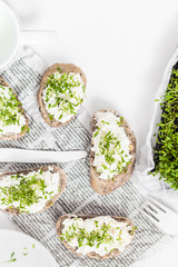 Healthy breakfast sandwiches white cream cheese croissants milk