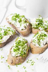 Healthy breakfast sandwiches white cream cheese croissants milk