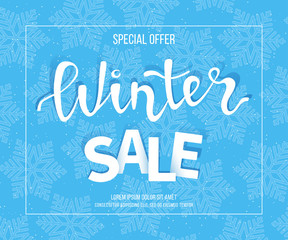 Winter sale banner, poster, flyer template in frame with blue snowflakes background. Special seasonal offer. Big Sale. Hand lettering inscription. Vector illustration
