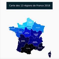 Nouveau : région Sud - Carte des 13 régions de France avec le nom des régions et chef lieux de région Un tracé autonome par région / département