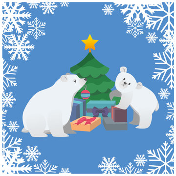 polar bears are dressed rojestvensky tree. the square background. vector