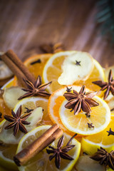 Ingredients medicinal tea Citrus spices Slices lemon orange ginger cloves cinnamon