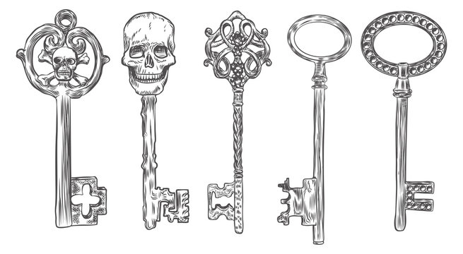 Set of hand drawn antique keys. Sketch style of vintage key on white background. Old design illustration. Vector.