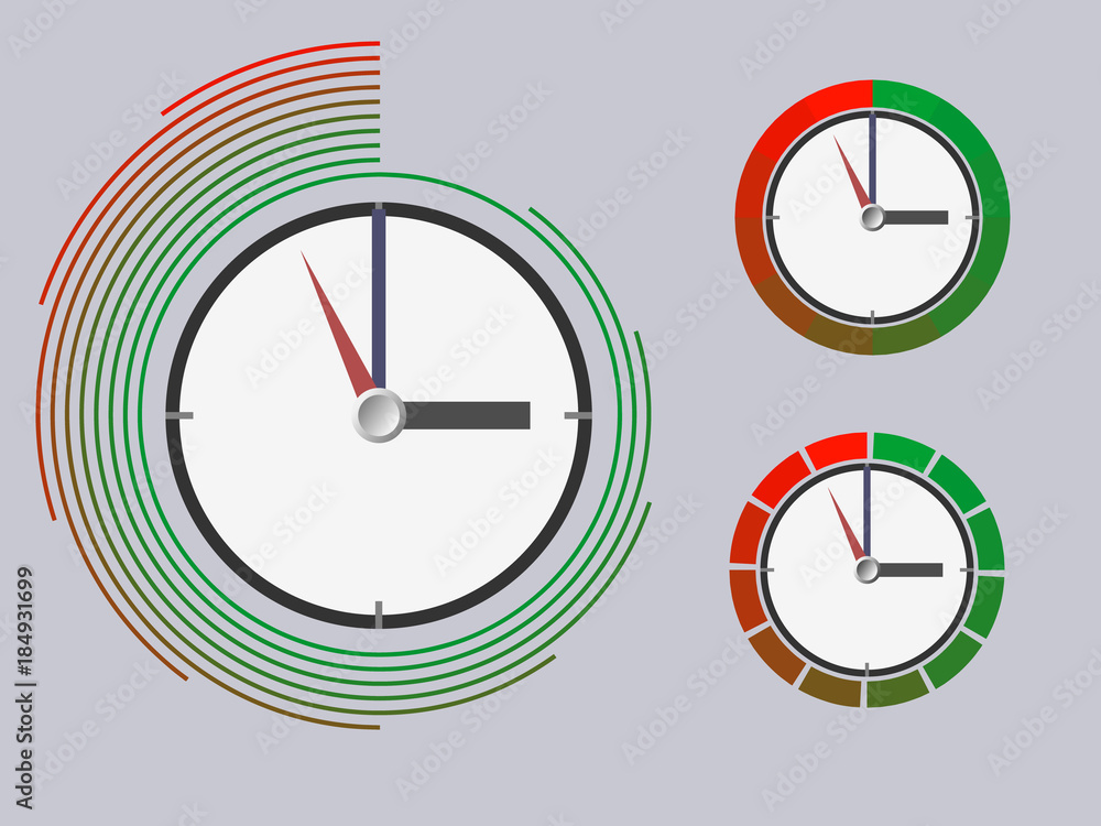Poster Concept of time management. Clock with green and red lines. Vector illustration.