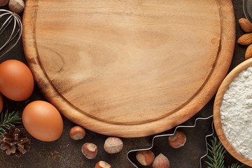 Culinary background with ingredients for pastry recipe.