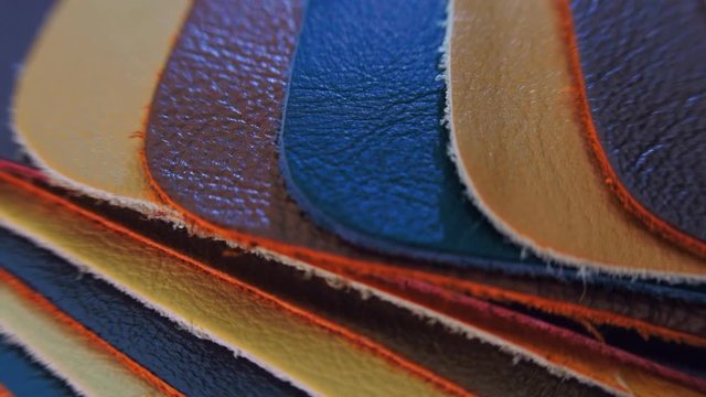 Structure, texture and surface pattern of samples of leather in different colors. Light moves around the samples. Follow focus. Macro. Closeup. Shallow depth of field 
