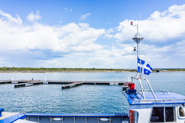 Bonaventure city dock harbor marina with boat and coast in Gaspesie, Quebec, Canada region with...
