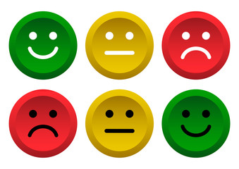 Fototapeta premium Zestaw przycisków. Zielona, żółta, czerwona ikona emotikonów emotikony pozytywne, neutralne i negatywne, inny nastrój. Ilustracji wektorowych