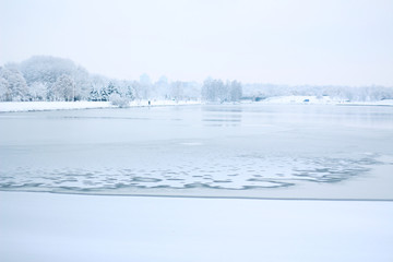 Frozen River which flows into winter lake