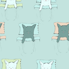 seamless pattern with sleeping cute kitty, hand drawn kittens are under the blanket