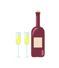Unopened Wine and Two Glasses Vector Illustration