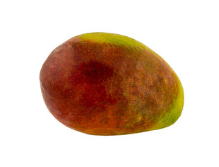 large ripe mango fruit red with green sideways on a white background