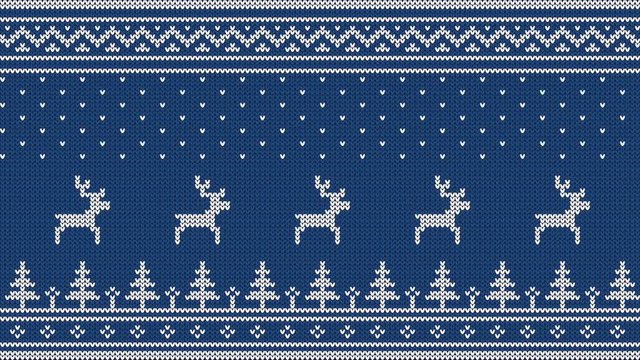 Animated looped knitted ornament. Running deer over the Christmas tree with Scandinavian patterns.