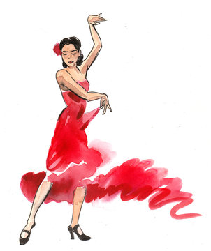 Beautiful flamenco dancer in red dress. Watercolor sketch