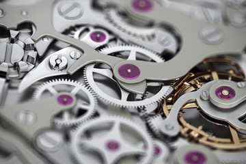 Watch machinery 3D rendering with gears close-up view with dof