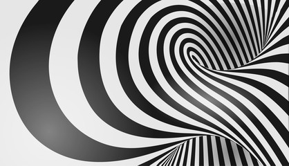 Vector optical illusion black and white twisted stripes abstract background.
