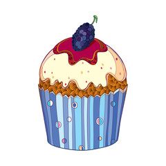 Vector outline cupcake with Mulberry or Morus ripe berry isolated on white background. Drawing of cake with mulberry in contour for summer, sweet food design menu or bakery.
