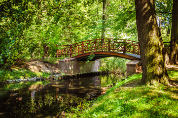 Small wooden bridge over the river in the green park