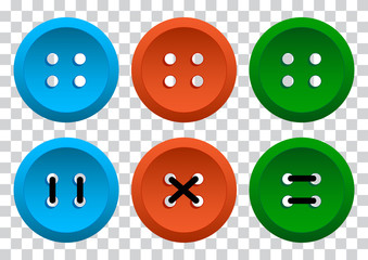 Colored set of round clothing buttons with thread on transparent background. Vector illustration