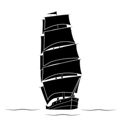 Black silhouette Ship of a two-masted sailboat floating on the waves