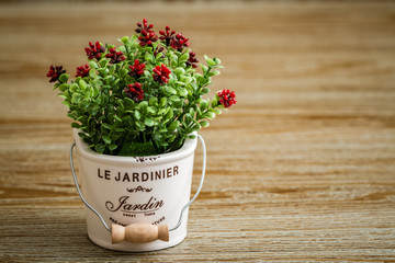 Artificial Red Flower in White Pot on Wooden Background
