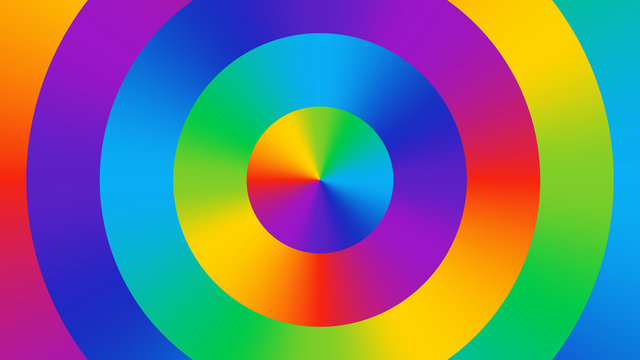 Colorful abstract wallpaper consisting of bright gradient colored circles. Color wheel. Fun, bright, cheerful color background. Color spectrum RGB art.