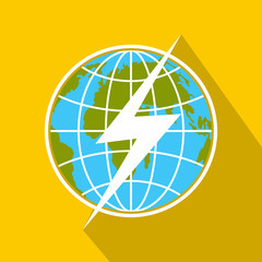 Lightning on earth icon. Flat illustration of lightning on earth vector icon for web