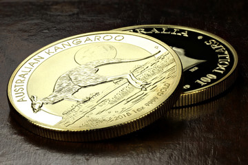 1 ounce Australian Kangaroo gold bullion coins on wooden background