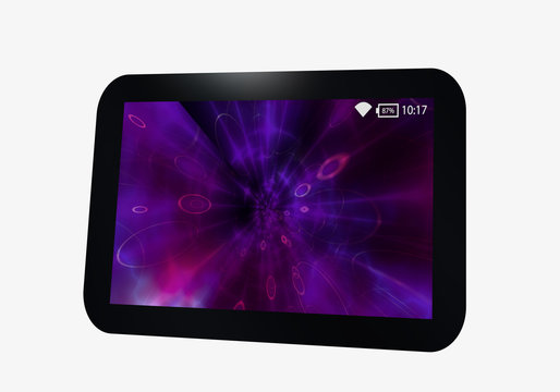 Tablet in schwarz mit violettem display.