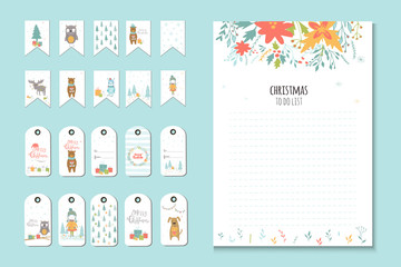 Fototapeta na wymiar Christmas holiday to do lists, planner, cute notes with winter vector illustrations.