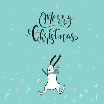 Merry Christmas cute greeting card with hand drawn lettering