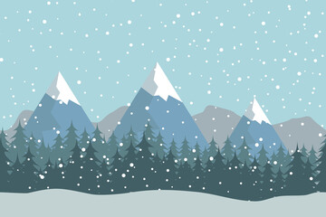 Seamless flat winter vector landscape with silhouettes of trees and mountains.