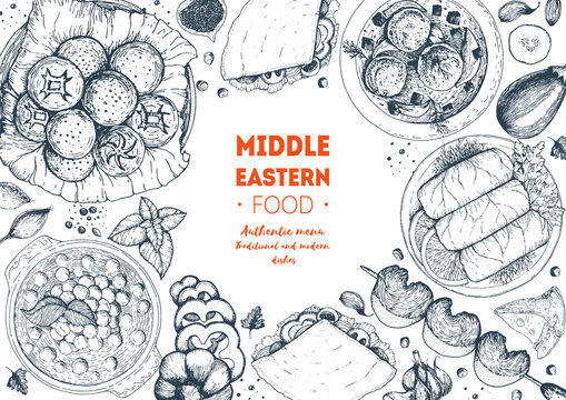 Middle eastern cuisine top view frame. Food menu design with hummus, kebab, dolma and falafel. Vintage hand drawn sketch vector illustration. Middle eastern traditional food.