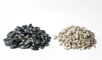 Sunflower seeds and kernels isolated on a white background.