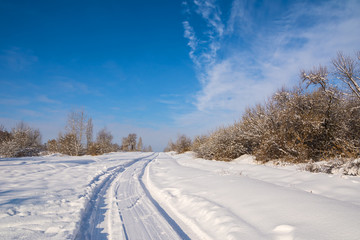 Fototapeta na wymiar Countryside road through winter field with forest on a horizon. Artistic picture. Beauty world.