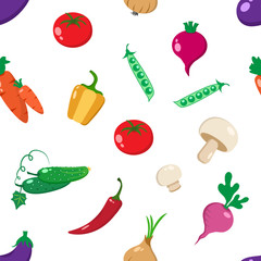 Seamless pattern with colorful vegetables on white background. Vector illustration