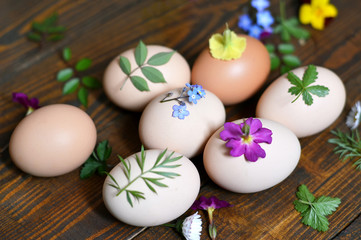 Fototapeta na wymiar Decorating Easter eggs naturally with leaves and flowers