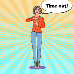 Pop Art Young Woman Showing Time Out Hand Gesture Sign. Vector illustration