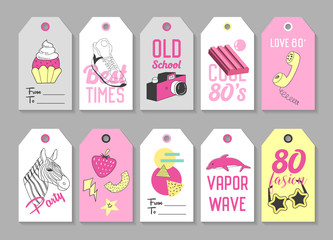 Trendy Hipster Tags with Retro Fashion Elements. Hand Drawn Vintage Labels. 80s 90s Design. Vector illustration