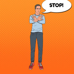 Pop Art Man Gesturing Stop Hand Sign. Guy Refusing from Something. Vector illustration
